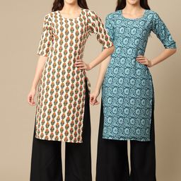 7threads 1 Stop Fashion Women Pack Of 2 Beige & Sea Green Printed Crepe Straight  Kurta-picture-6