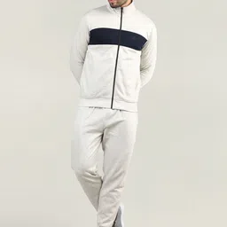 CHKOKKO Men Cream Colored & Navy Blue Winter Fleece Tracksuit-picture-10