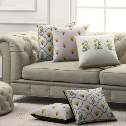 sej by nisha gupta Yellow Floral Poly Cotton 16 x 16 Inches Cushion Cover (Set of 5)-picture-45