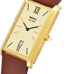 nova Analog Watch - For Men Slim rectangular watch with a gold case and brown leather strap image 5