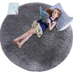 aaho decor Grey Solid Polyester 4x4 Feet Machine Made Shaggy Round Carpet image 3