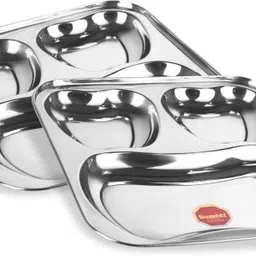 sumeet Stainless Steel 3 in 1 Pav Bhaji Plate / Compartment Plate 24.5cm Dia - Set of 2 Pcs Sectioned Plate-picture-24