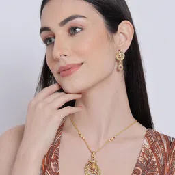 Anouk Gold-Plated Stone Studded Paisley Shaped Pendant Necklace with Earrings image 1