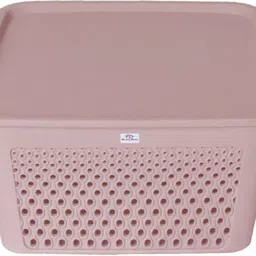 heart home Plastic Netted Design Square Shape Plastic Storage Baskets with lid Pack of 3 (Grey) Storage Basket image 2