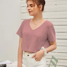 rahi trendz Women Solid V Neck Wool Blend Pink T-Shirt image 4