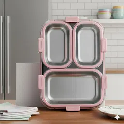 vrjk Stainless Steel 3 Compartment 750 ml Pink Girls Lunch Box with Spoon & Fork B67 3 Containers Lunch Box-picture-18