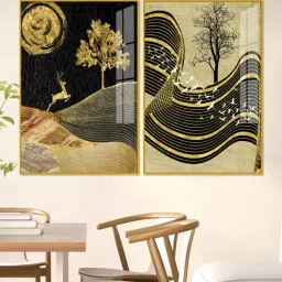 vibecrafts Wavy Golden Lines Mountains Acrylic Framed Art Panel (Set Of 2)-picture-13