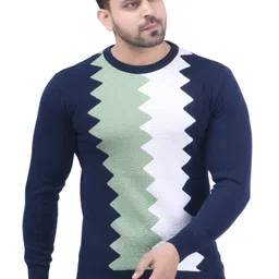 feverfew Men Self Design Round Neck Dark Blue Sweater-picture-17