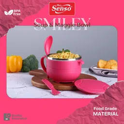 max senso Plastic, Stainless Steel Soup Bowl Smiley Soup and Maggie Bowl with Spoon and Fork Inner Steel Soup Bowl with Lid image 2