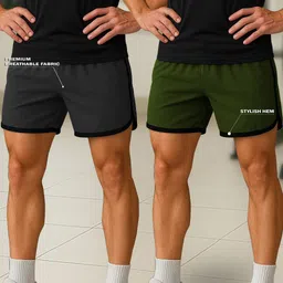 Pack of 2 Solid Men Light Green Sports Shorts-image-12