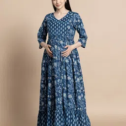 gujari Women Ethnic Dress Blue Ankle Length Dress image 5