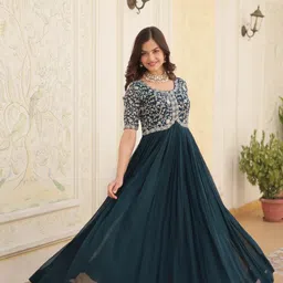 estela Embroidered Georgette Stitched Flared/A-line Gown-picture-15