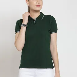scott international Women Solid Polo Neck Pure Cotton Green T-Shirt-picture-11