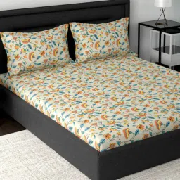maspar Orange Floral 160 TC Cotton 1 Double Bedsheet with 2 Pillow Covers-picture-37