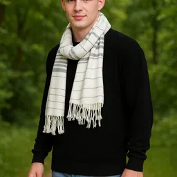 fwc fill with colours Striped Viscose Men White Stole, Scarf, Fancy Scarf image 2