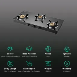 KAFF CTC773B Toughened Glass Top 3 Burner Manual Gas Stove (Matte Enamelled Pan Support, Black) image 3