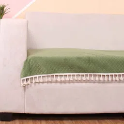 stitchnest Olive Solid Velvet 2 Seater Quilted Sofa Cover (Protector) with Tassel image 2
