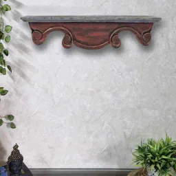 disoo fashions Red Colour Solid Wood Handcarved Floating Wall Shelf image 1