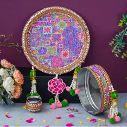 eCraftIndia Multicolor Floral Decorative Stainless Steel Karwa Chauth Thali-picture-12