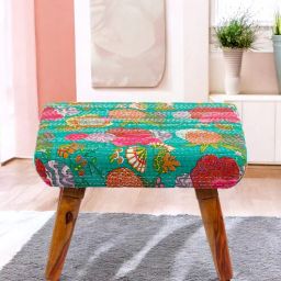 ikiriya Queens Square Upholstery Foot Stool With Kantha In Sea Green Color-picture-48