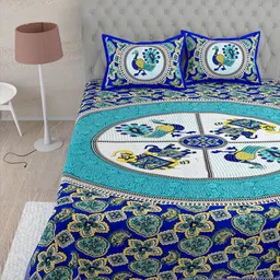 Lali Prints Blue & Green Ethnic Motifs Cotton 144 TC Single Bedsheet with 2 Pillow Covers image 2