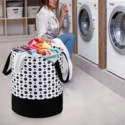 kuber industries Cotton Polka Dots Foldable 45L Toys Organizer for Kids Room | Black & White Storage Basket image 2