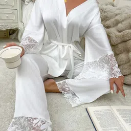 for you for me Women Shirt & Pyjama set White Self Design, Solid image 5