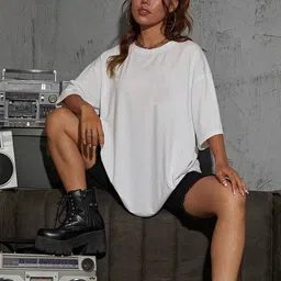 Women Solid Round Neck Cotton Blend White T-Shirt-image-13