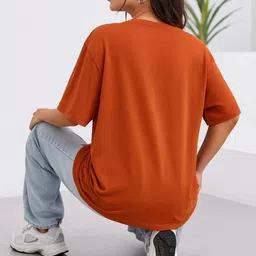slenor Women Printed Round Neck Cotton Blend Orange T-Shirt image 2