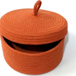 ambaenterprises Cotton Orange Round Cotton Rope Basket with Lid | Stylish Storage Organizer Storage Basket image 3