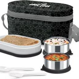 milton Executive Lunch Prime 2 Inner Steel 300ml,1 Plastic Container 450ml & Bag,Black 3 Containers Lunch Box image 2