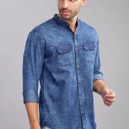 aidan paul Men Regular Fit Washed Mandarin Collar Casual Shirt image 3