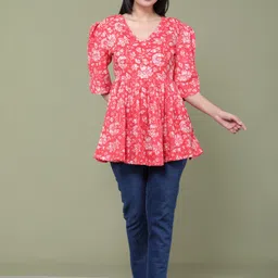 vxr Casual Puff Sleeves Printed Women Orange Top image 4