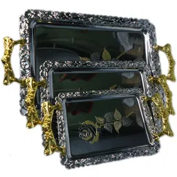 mega shine Export Quality Stainless Steel Material, Serving Tray 3 Pcs Set With Golden Color Handle-It Is Best For Your Festival Gifts Tray Serving Set-picture-27