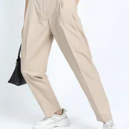 tokyo talkies Women Regular Fit Beige Cotton Blend Trousers image 1