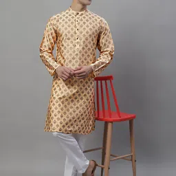 Anouk Peach Mandarin Collar Woven Design Silk Cotton Kurta image 5