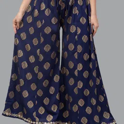 fambee Women Flared Dark Blue Viscose Rayon Trousers-picture-19