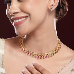 Rubans 22K Gold-Plated Ruby Pink Stone Oval Detailing Handcrafted Necklace Set-picture-39