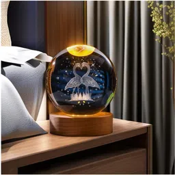 3D Crystal Ball Lamp | Love Flammingo Night Light with Wooden Base Night Lamp-image-11