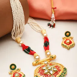YouBella Off-White & Red Gold-Plated Beaded Enamelled Handcrafted Jewellery Set image 1