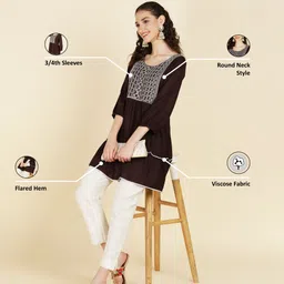 glomee Casual Regular Sleeves Embroidered Women Brown Top image 3