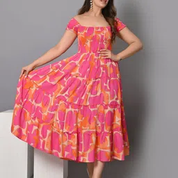 iqraar Women Fit and Flare Beige, Pink, Orange Midi/Calf Length Dress image 4