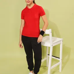 dollar Women Solid Polo Neck Cotton Blend Red T-Shirt image 2