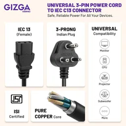 Gizga Essentials Power Cord 1.8 m Universal 3 Pin Power Cord, ISI Certified, Copper Core for PC, TV, Printer image 2