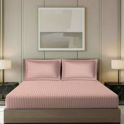 platina india White Stripped Pattern With Scallop Borders 800 Tc Cotton King Sized Double Bedsheet With 2 Pillow Covers image 1