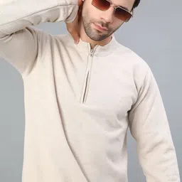 v-mart Men Solid High Neck Beige Sweater-picture-16