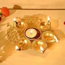 trendy abode Lotus Urli with 5 Lotus Diya Design | Decorative Brass Finish Pooja Bowl Decorative Showpiece - 2 cm image 2
