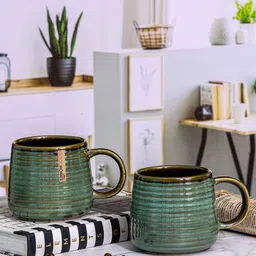 GOODHOMES Green 2 Pieces Ceramic Glossy Mugs 340 ml Each image 1