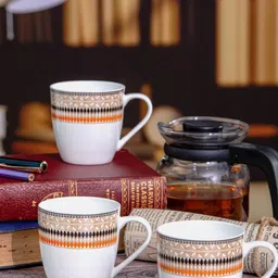 SONAKI White & Orange 6 Pieces Floral Printed Bone China Glossy Mugs 180 ml Each-image-65