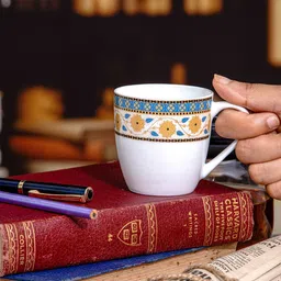 SONAKI White & Blue 6 Pieces Floral Printed  Bone China Glossy Cups 180ml each image 3